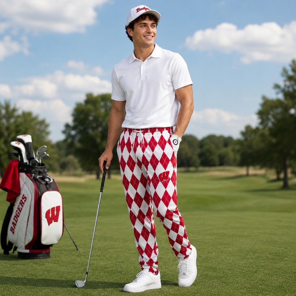 COLOSSEUM Wisconsin Badgers Argyle Joggers Men L Red White NEW‎ Sweatpants